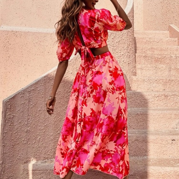 Boho red floral print cutout maxi dress - Picture 8 of 8
